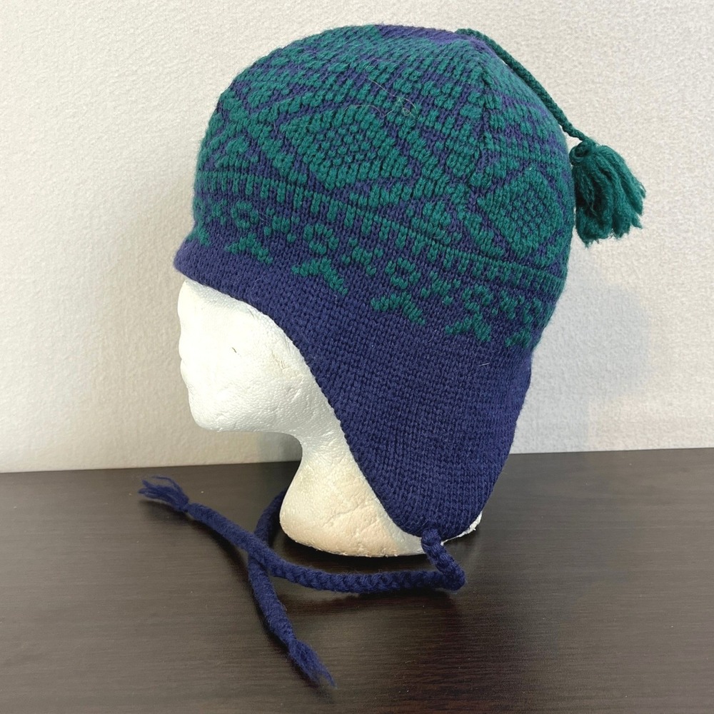 Vintage Smiley Wool Nordic Design Earflap Beanie Hat‎ Tassel Green Navy Blue
